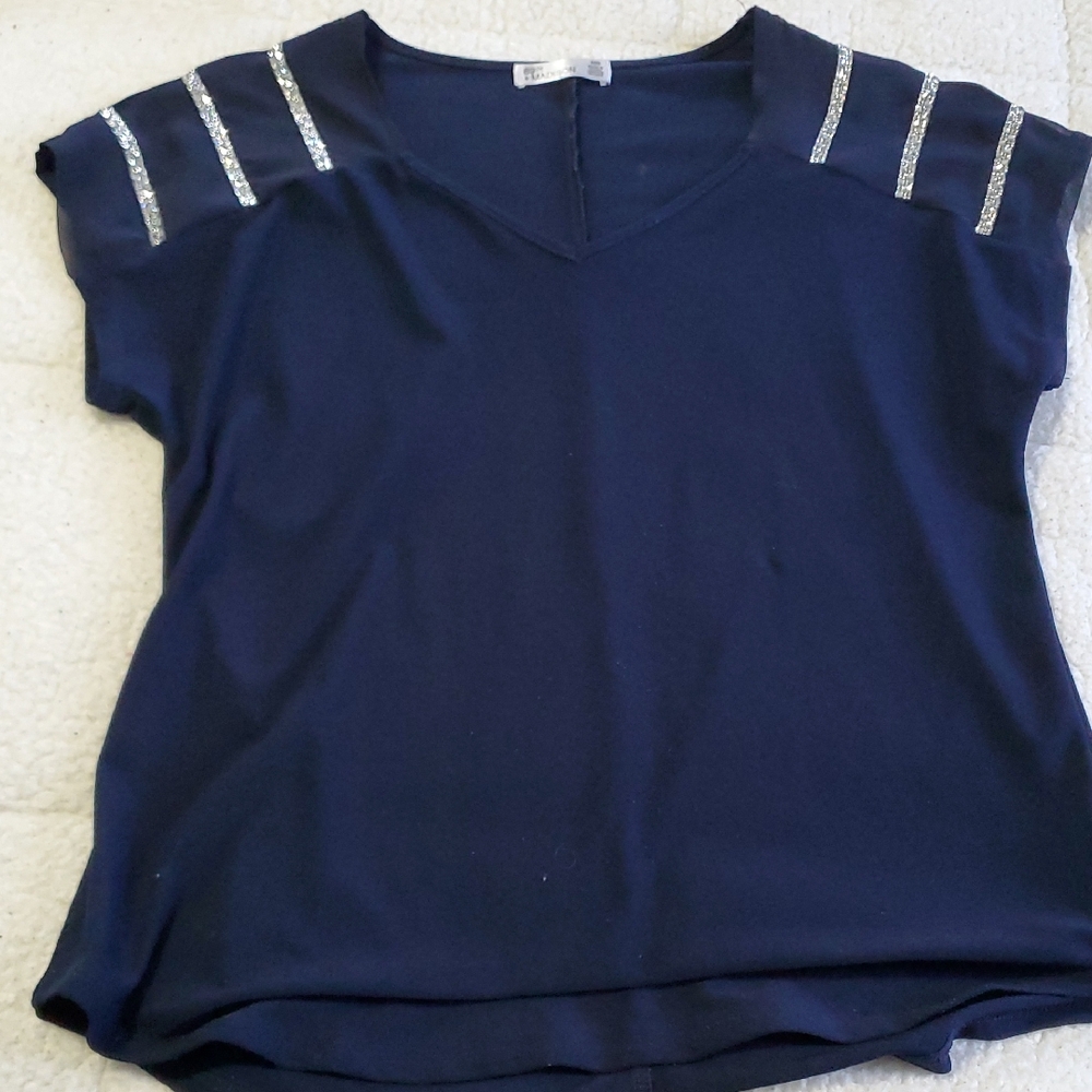 Navy Sequin-Trim V-Neck Women's Top